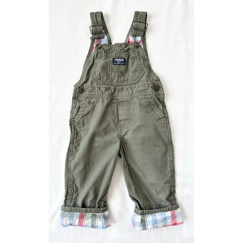 OshKosh B'gosh 2T Olive Green Canvas Vestbak Overalls Plaid Lined